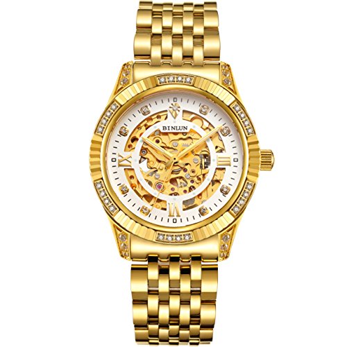 BINLUNメンズ腕時計自動機械式 両面 スケルトン ゴールドウォッチ自動巻き メンズ腕時計 男性用18K金メッキ高級腕時計（フルスケルトン）